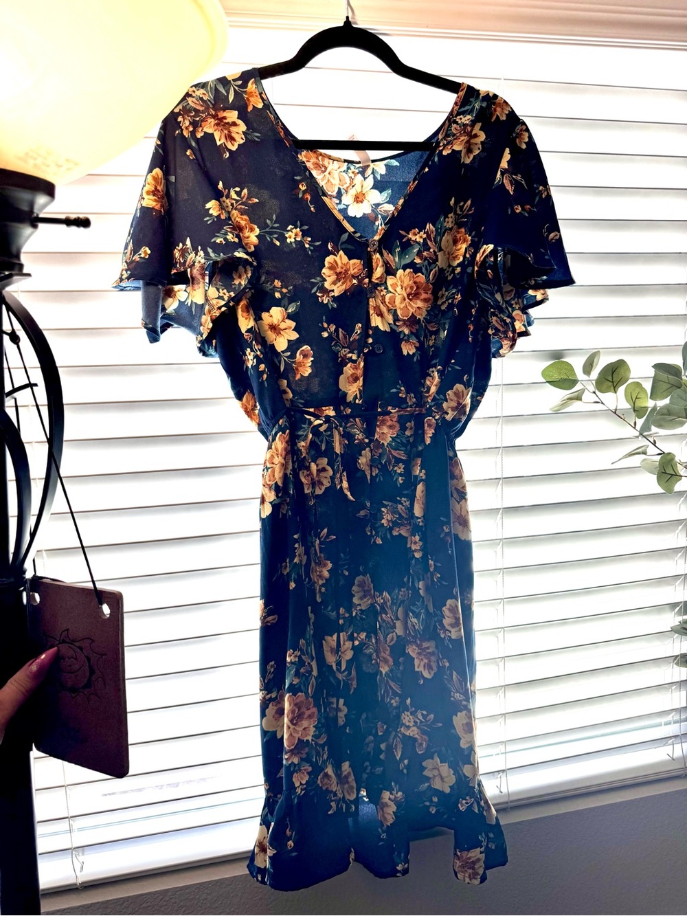 Floral V-Neck Ruffle Sleeve Dress in Navy and Mustard. XXL